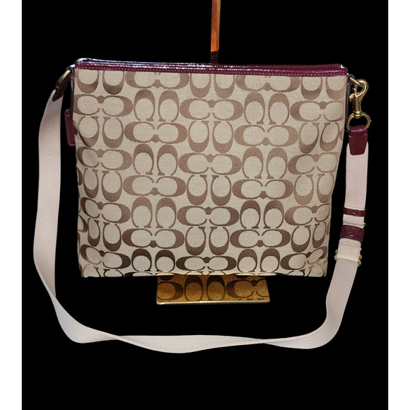Coach New York Signature Stripe Khaki Monogram / Merlot Crossbody Purse File Bag - Picture 2 of 8